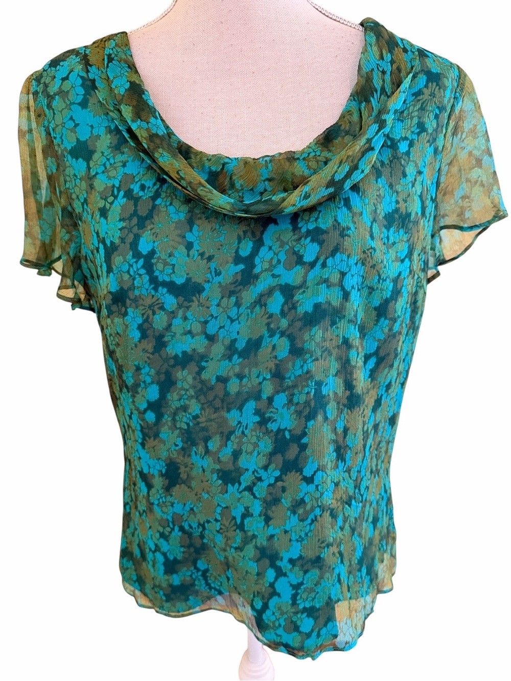 Coldwater Creek Blue/Green Silk Floral Chiffon Cowl Neck Short Sleeve Blouse